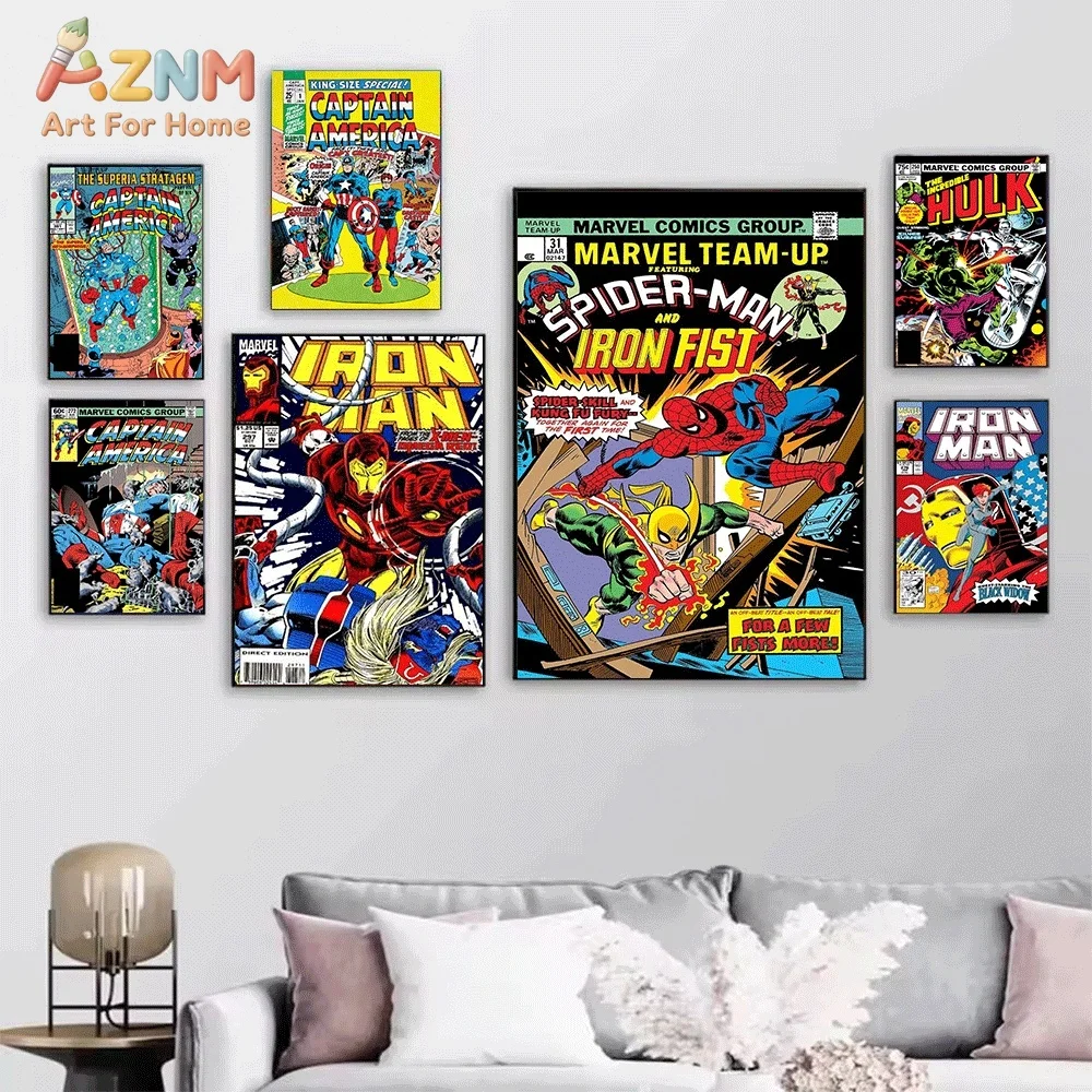 Vintage Comic Cover Captain America Iron Man Hulk Canvas Wall Art Print Poster Unframed Canvas Painting Home Living Room Bedro