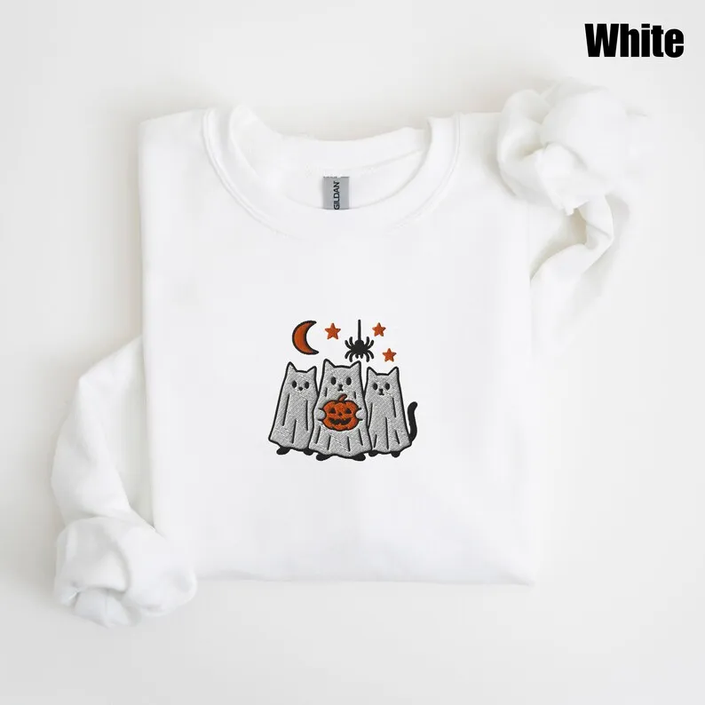 Halloween Ghost Kitten Sweatshirt Pullover Retro Vintage Sweatshirt Graphic Hoodies Y2K Casual Daily Wear Unisex  Pullover