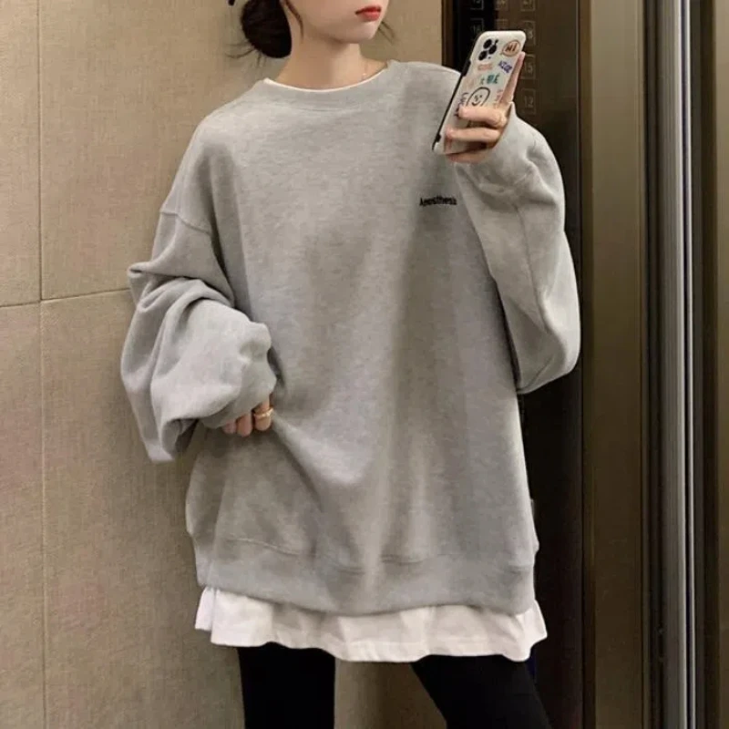 Simplicity Contrast Patchwork Loose Trend Pullovers Top Spring Autumn Fake Two Pieces Casual Sweatshirts Fashion Women Clothing