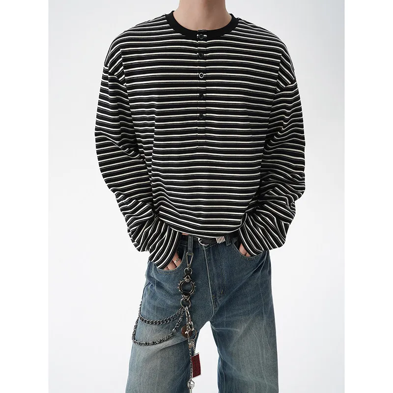 

American Stripe Henry Collar Long Sleeve T-Shirt Men's Loose Fit Casual Cotton Youth Trend Autumn New Style Basic Body Tee