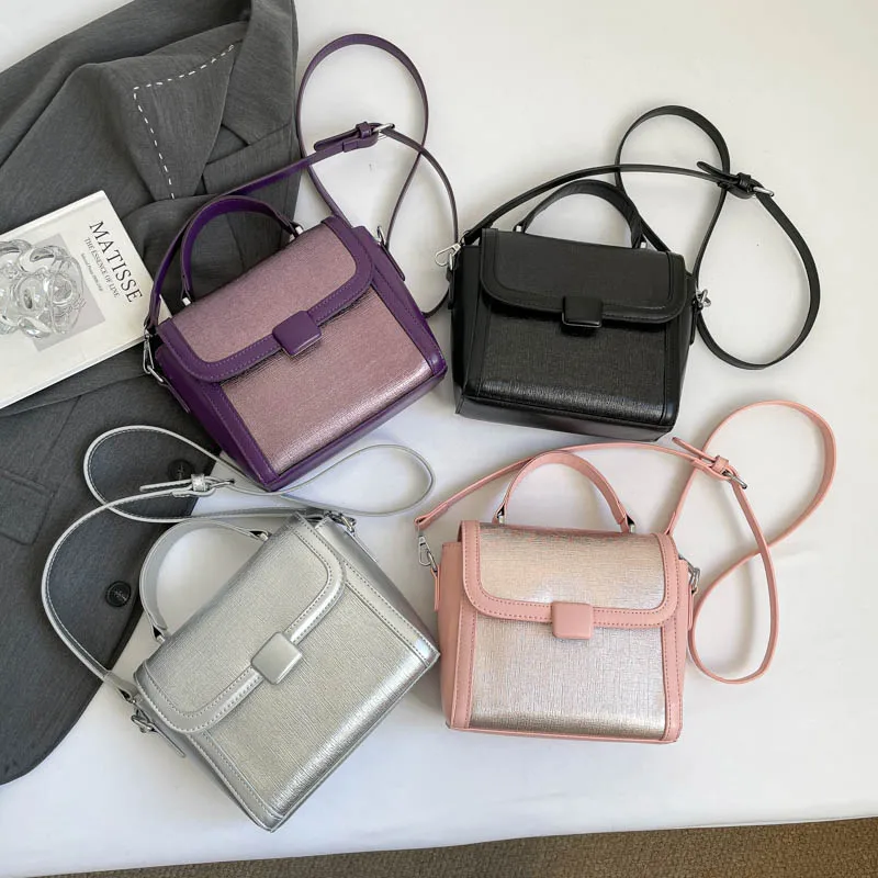 

Fashion Metallic Silver Mini Satchel Bag Elegant Womens Shoulder Bags Versatile PU Leather Ladies Crossbody Purse Square Handbag