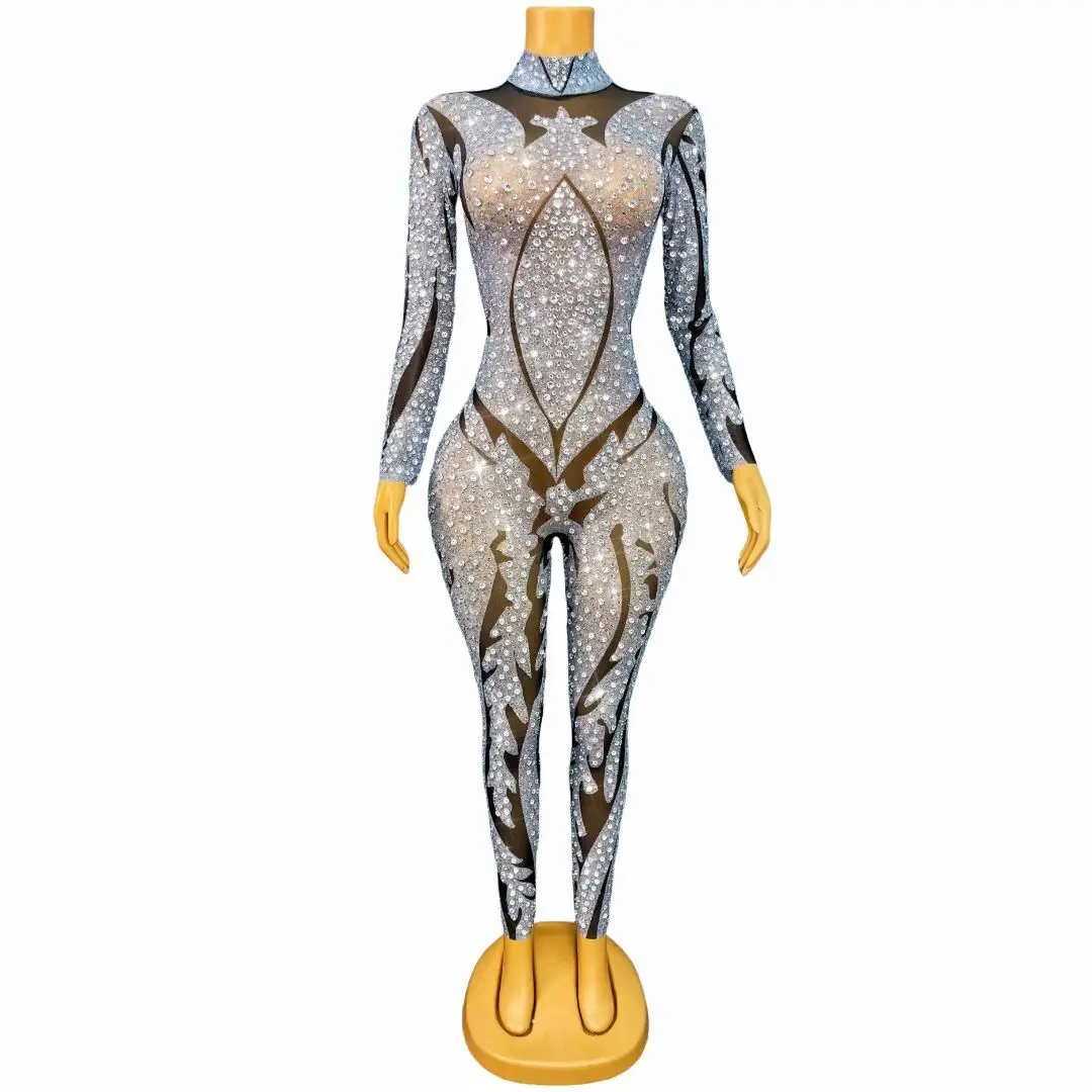 Sparkly Long Sleeves Rhinestone Jumpsuits Women Party Bodycon Rompers Night Club Bodysuit Festival Outfit Gogo Dancer Costume
