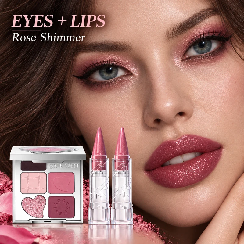 5 Color Eyeshadow and Eyebrow Palette with 2 Shimmer Lipsticks, 3PCS Makeup Set for Women, Matte and Shimmer Eye Shadow, Brow Powder, Coordinated Eye and Lip Makeup Kit, Compact Beauty Gift Set for Everyday Looks, Travel, Date Nights, Parties and Holidays