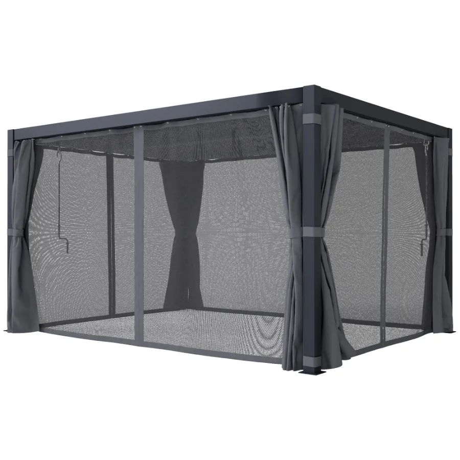 

10' x 13' Outdoor Retractable Pergola w Sun Shade Louvered Top Pergola w Canopy Curtains Netting Dark Gray