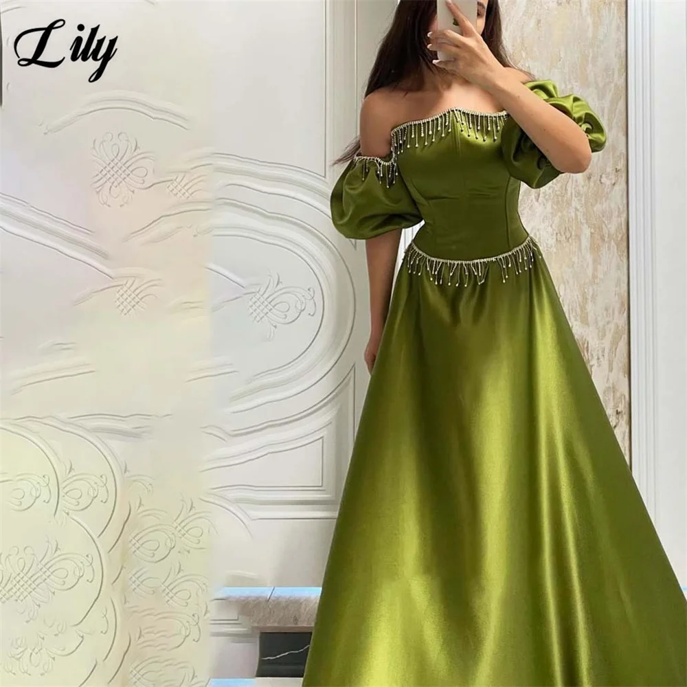 

Lily Sage Green Satin Prom Dresses Off the Shoulder Puffed Sleeve Celebrity Dress Crystal Trim A Line Evening Dress Customized