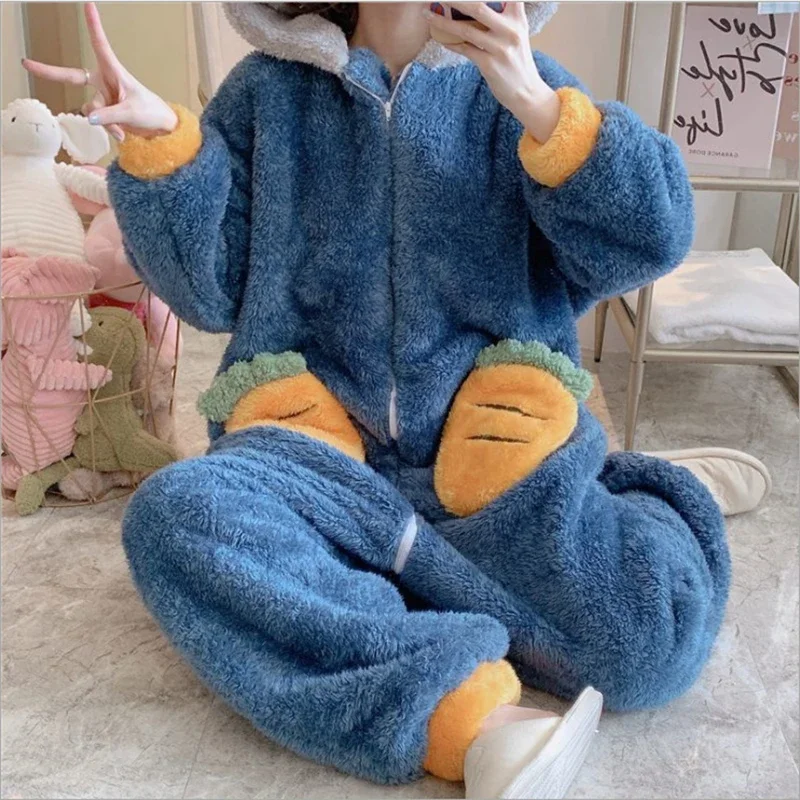 Plush Adults Onesie Pajamas for Women Cute Bunny Fuzzy One Piece Sleepwear Warm Flannel Hooded Fleece Rabbit Cosplay Costume