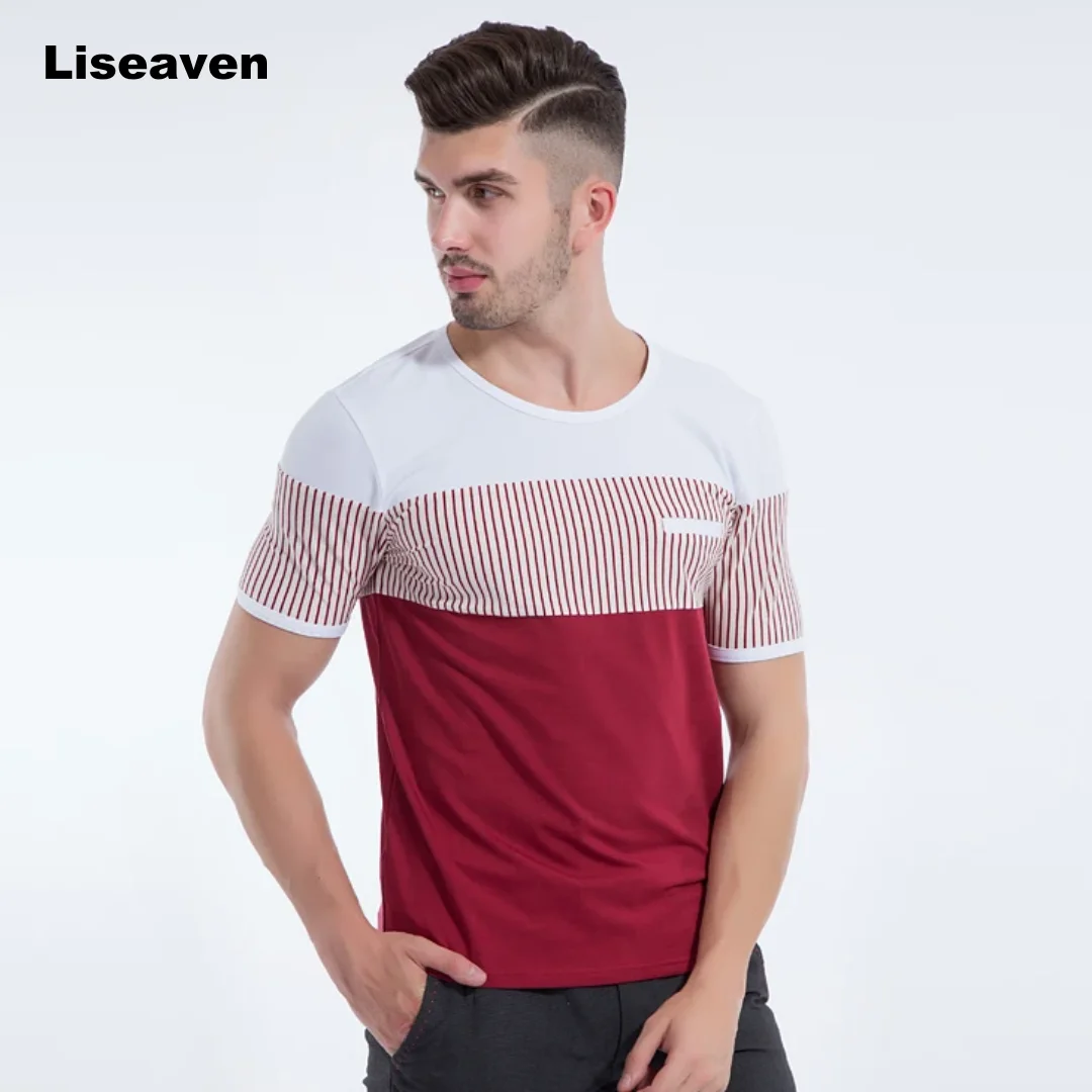 Liseaven Men Striped O-Neck T Shirt Cotton Slim Fit Short Sleeve T-Shirt Men Tops Clothing Size M L XL XXL XXXL