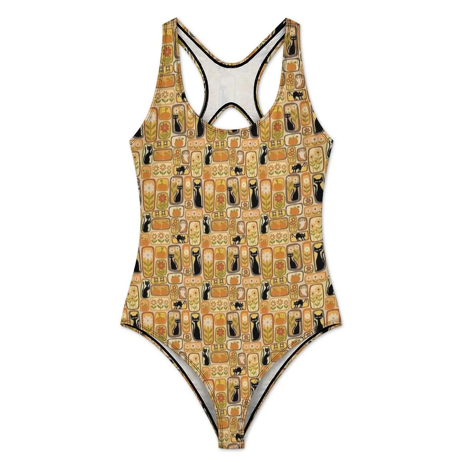 Retro Tiny Cat Tile Print Swimsuit  Push Up Swimwear One Piece Sport Bathing Suits Bodysuit Sexy Design Beachwear Plus Size