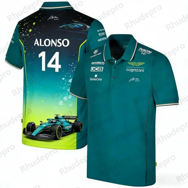 アロンソ-14-f1-レーシングテーマ-半袖ポロシャツ-スポーツカジュアル-プリントトップ-レーシングファン向け-デイリー＆試合着用