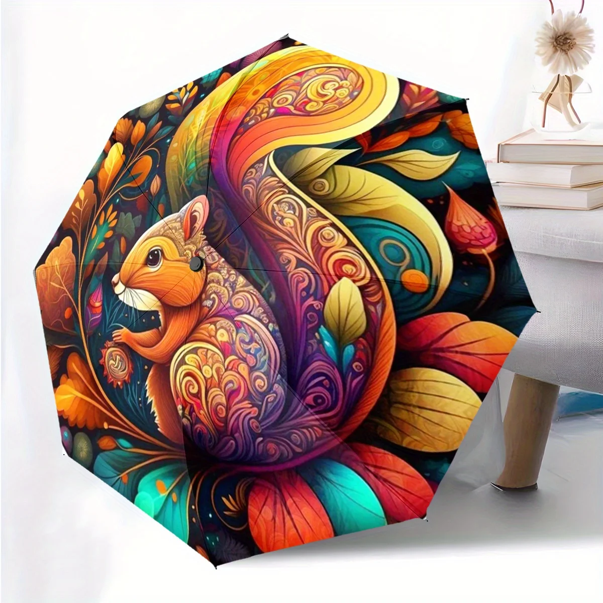 

Зонт с ярким рисунком белки - автоматическое складывание, 8 спиц, красочный цветочный и листовой узор, портативный и складной, 1 шт.