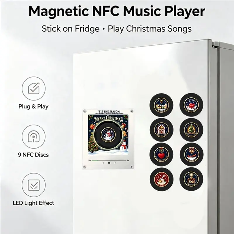 AB34-Xmas Magnetic Music Fridge Magnet Touch To Play Vinyl Record Player Night Light Built-In LED Christmas Fridge Magnet
