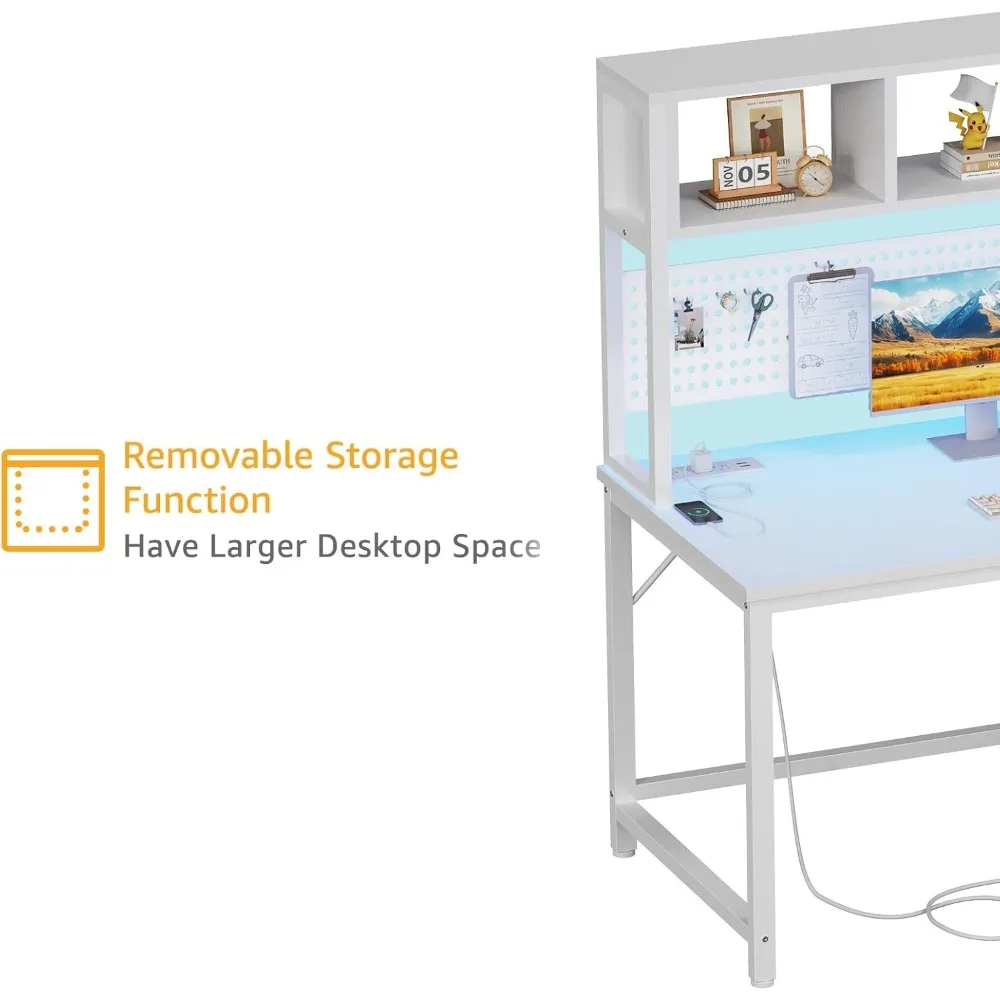 47 Escritorio para computadora blanco moderno con aparador, tomas de corriente y tablero perforado para adolescentes