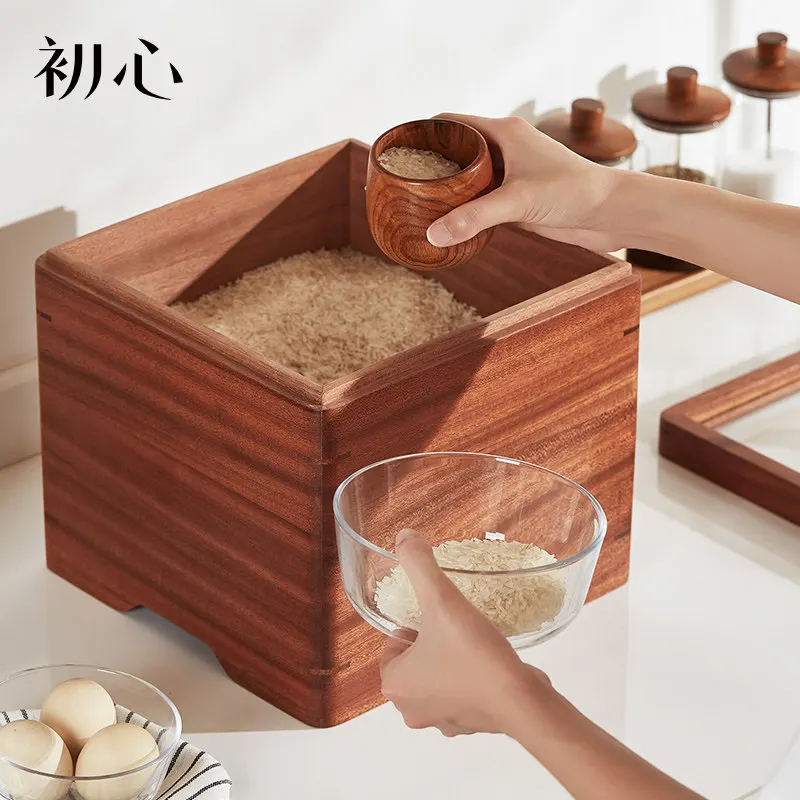 Large Wooden Rice Storage Container with Lid Airtight Sealed Grain Box Pest-Proof Damp-Proof Dry Food Dispenser Black sandalwood