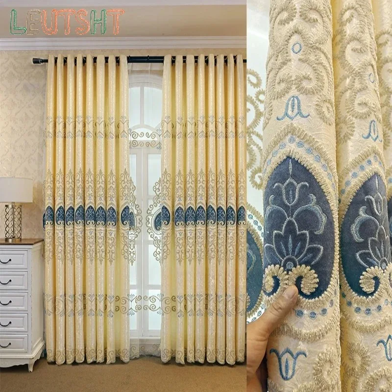Europese Chenille Borduren Luxe Gordijnen voor Woonkamer Slaapkamer Villa Venster Verduisterende Elegante Set Aangepaste Volant DecorTulle - afbeelding 2