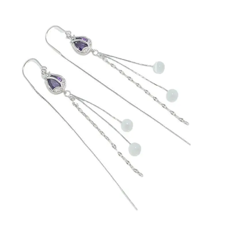 Luxury S925 Sterling Silver Earrings Purple Tulip Tassel Ear Line Opal Earrings For Women Jewelry