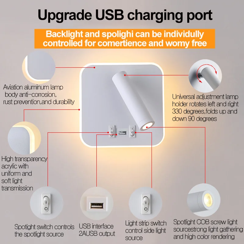 قابل للتدوير USB شحن الجدار مصباح ، ضوء الليل ، القراءة الشمعدان ، غرفة المعيشة ، الممر ، المدخل ديكور ، دراسة السرير ، الفندق ، غرفة نوم