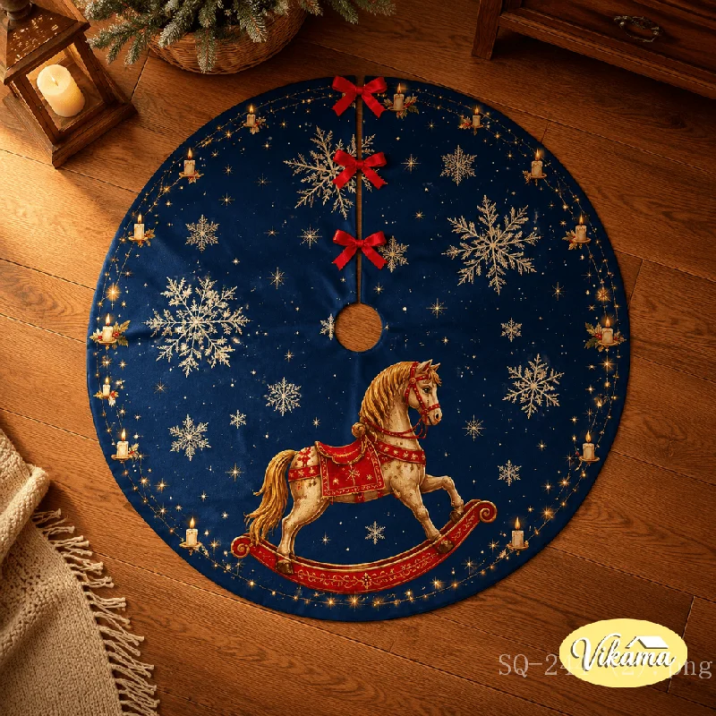 Christmas Tree Skirt Navy Gold Snowflakes Candles Rocking Horse Print, Tree Base Cover Holiday Home Decor Party