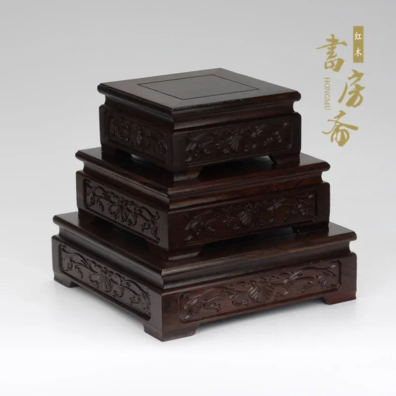 yesBlack Wood Rectangle Flower Carved Bonsai Display Pedestal Vase, Artical Statue, Luxury Collection Base, Classical Design