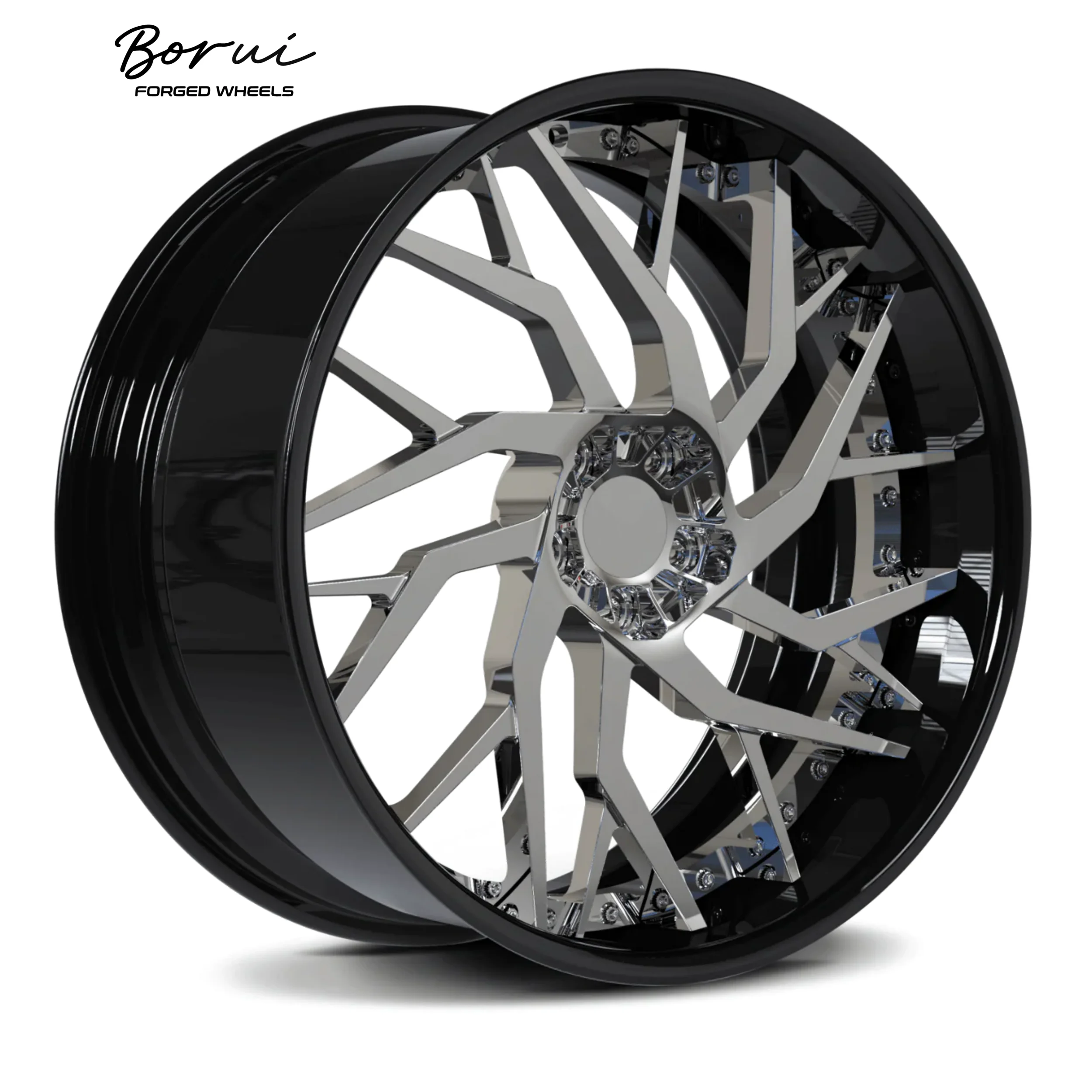 عجلة Borui المزورة مكونة من قطعتين من سبائك الألومنيوم الرياضية الخفيفة باللون الأسود مقاس 18-24 بوصة عجلات سيارة ذات شفة عميقة وحالة جديدة