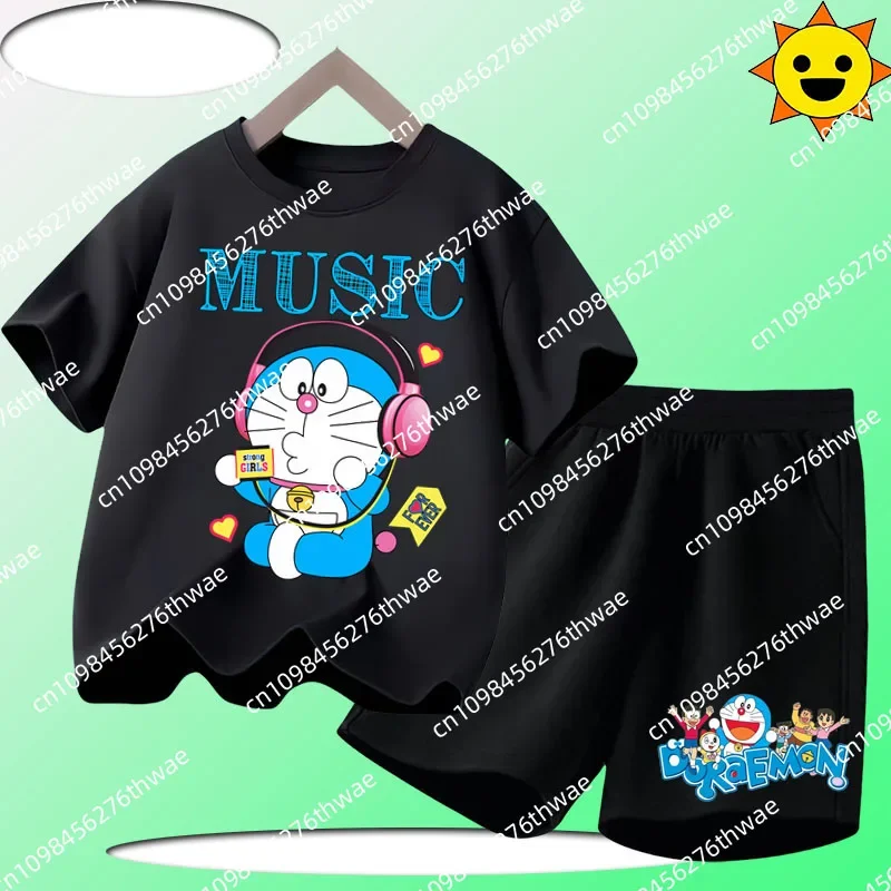 

2025 Детский комплект Doraemon с круглым вырезом и короткими рукавами для мальчиков и девочек — милая повседневная рубашка с мультяшным принтом — летняя одежда
