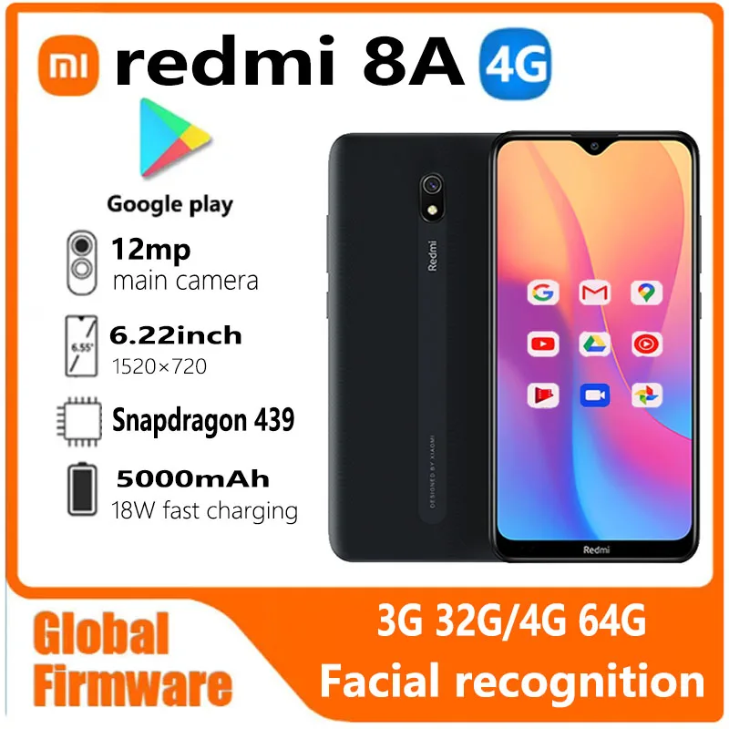 Xiaomi Redmi 8A smartphone 4G 64G firmware Global 5000mAh 6,22 pulgadas Snapdargon 439 12MP 18W reconocimiento Facial teléfono usado