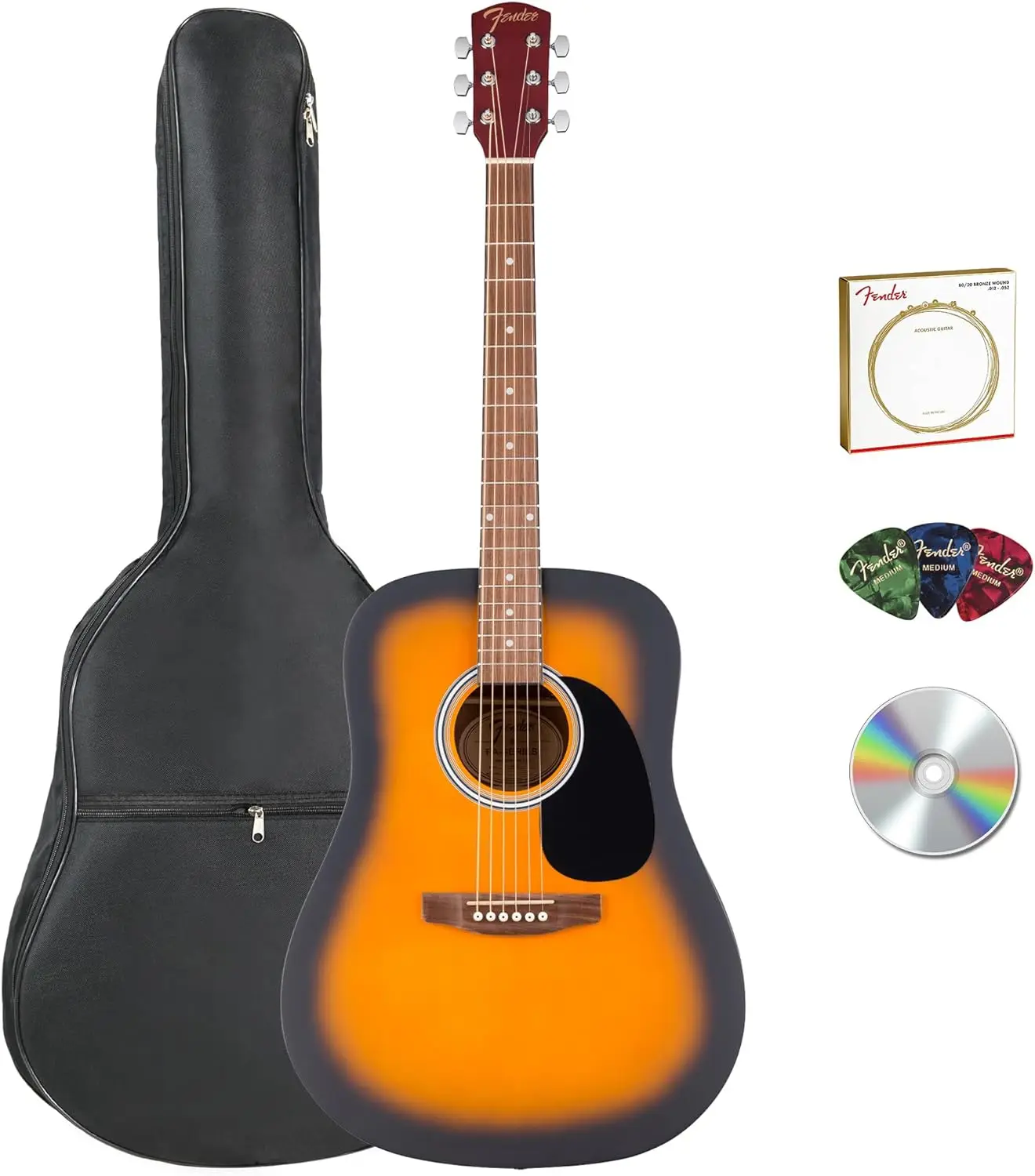 Paquete de Guitarra Acústica Dreadnought con Funda, Cuerdas, Púas y DVD de Instrucciones en Acabado Sunburst