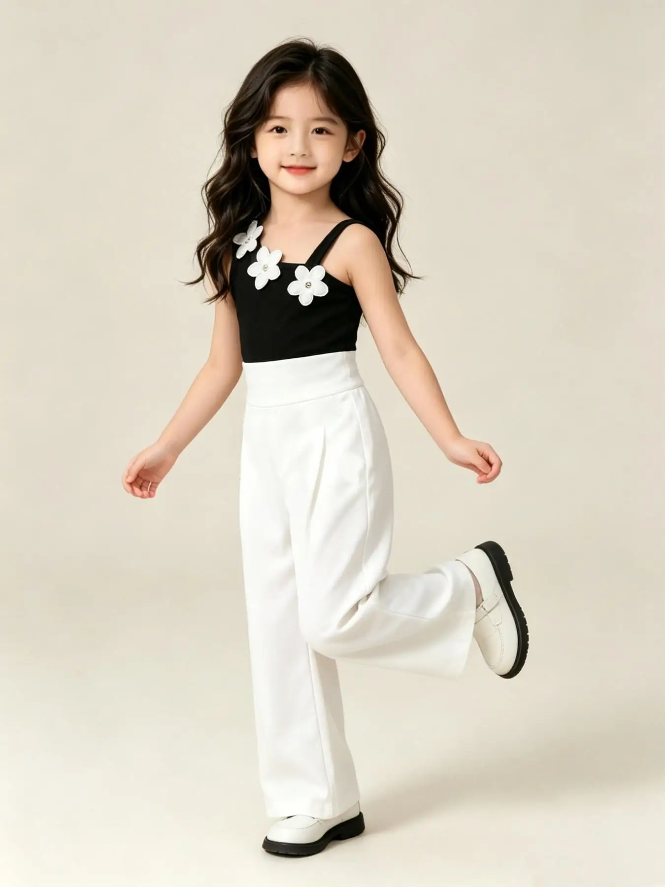 Girls Floral Decor Slim-Fit Jumpsuit with 3D Flower Ornament Comfort Stretch Fabric for Preschool And Everyday Casual Wear