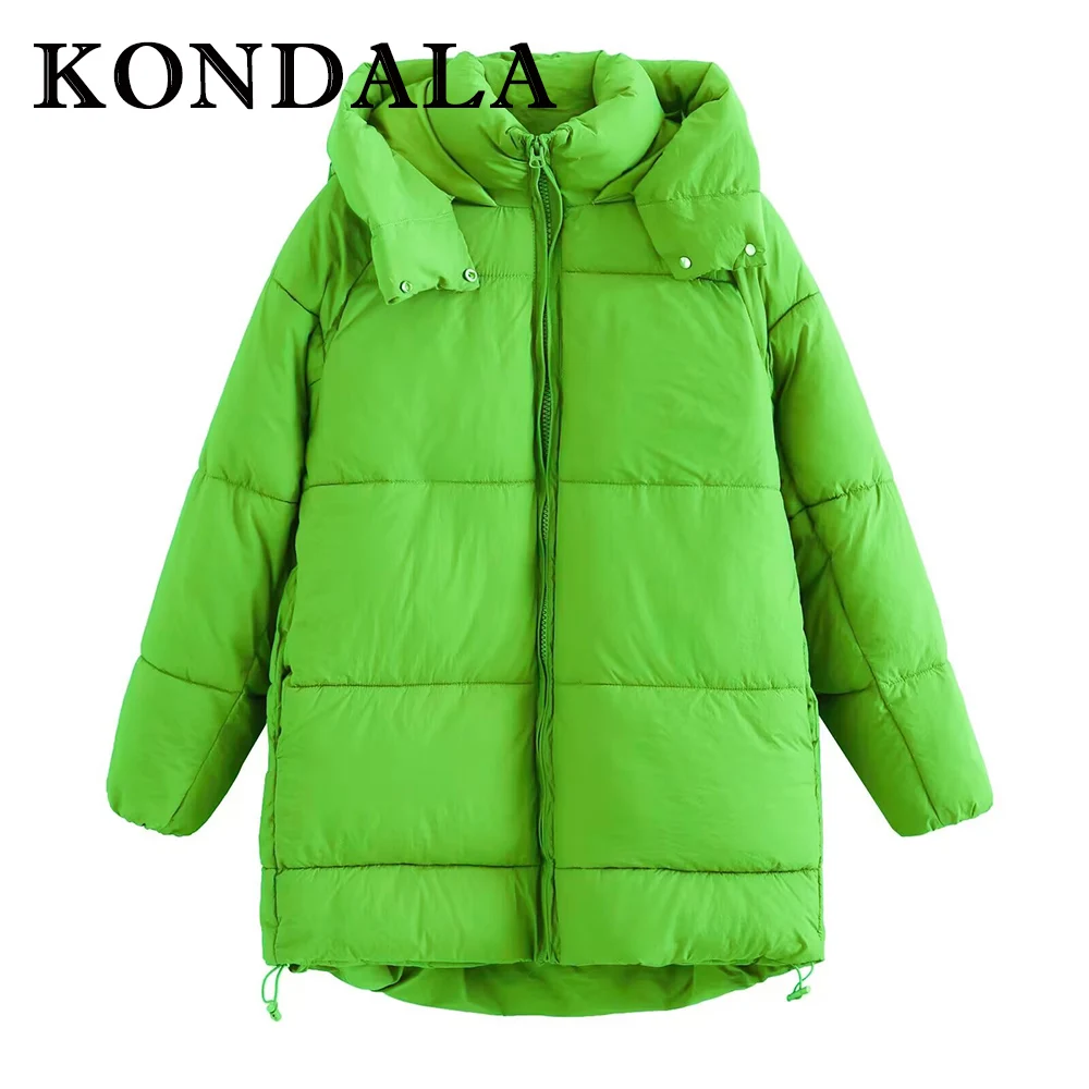 KONDALA Chic Y2k Winter Women Solid Fluorescent Green Pockets Long Jackets Hooded Thick Streetwear Fashion 2025 Female Outwears