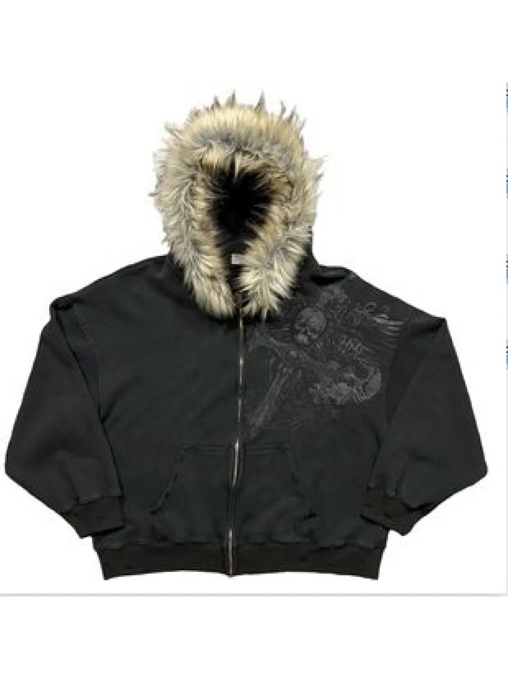 

American Retro Street Trend Hip Hop Print Hooded Cardigan Autumn Winter New Style Fluffy Hat Casual Daily Wear