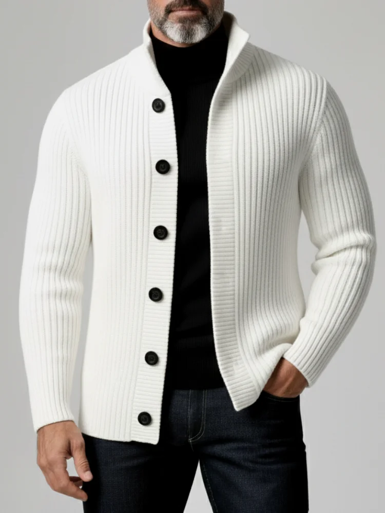 Men's White Button Down Ribbed Jacket Stand Collar Slim Fit Soft Casual Outerwear