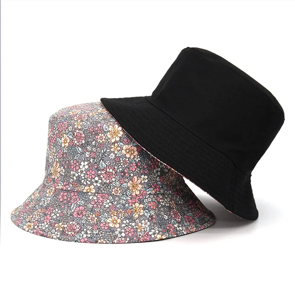 Reversible Bucket-Hats Floral Print Sunscreen Men Women Fisherman Cap Cotton Panama Fashion Double Side Anti-sun Bucket Hat