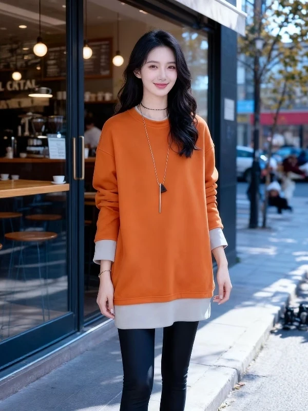 

Женская футболка свободного кроя из двустороннего бархата с длинным рукавом, ранневесенняя, в стиле колор-блок, базовая, больших размеров, в корейском стиле