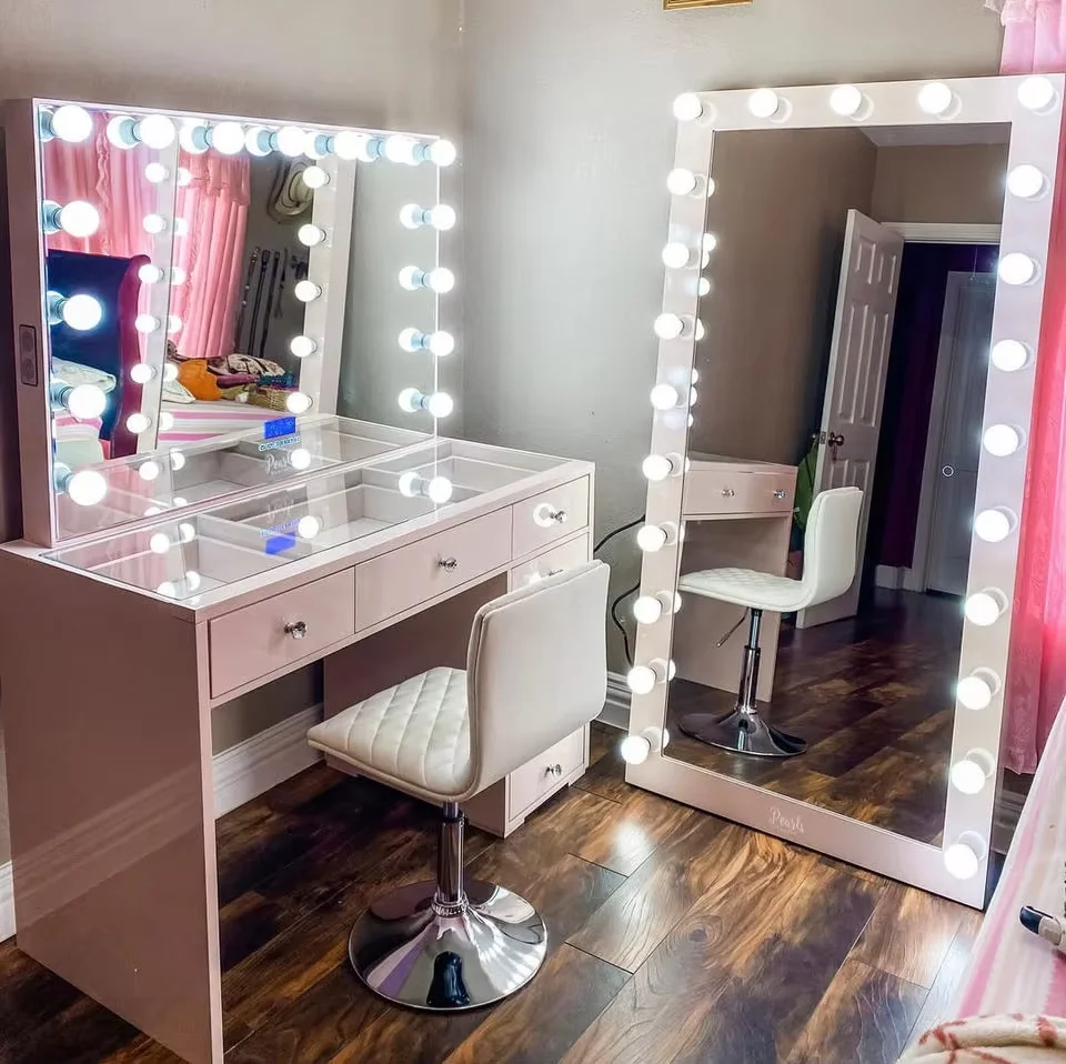 *White Modern Wood Panel Vanity Table with LED for Mirror Drawers and Charging Station for Small Bedroom & School 4