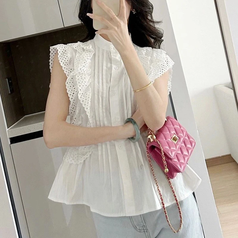 Summer 2024 Flying Sleeve White Shirts Woman Vintage Sleeveless Ruffled Lace Blouse For Woman Elegant Casual Sweet Tops  27709