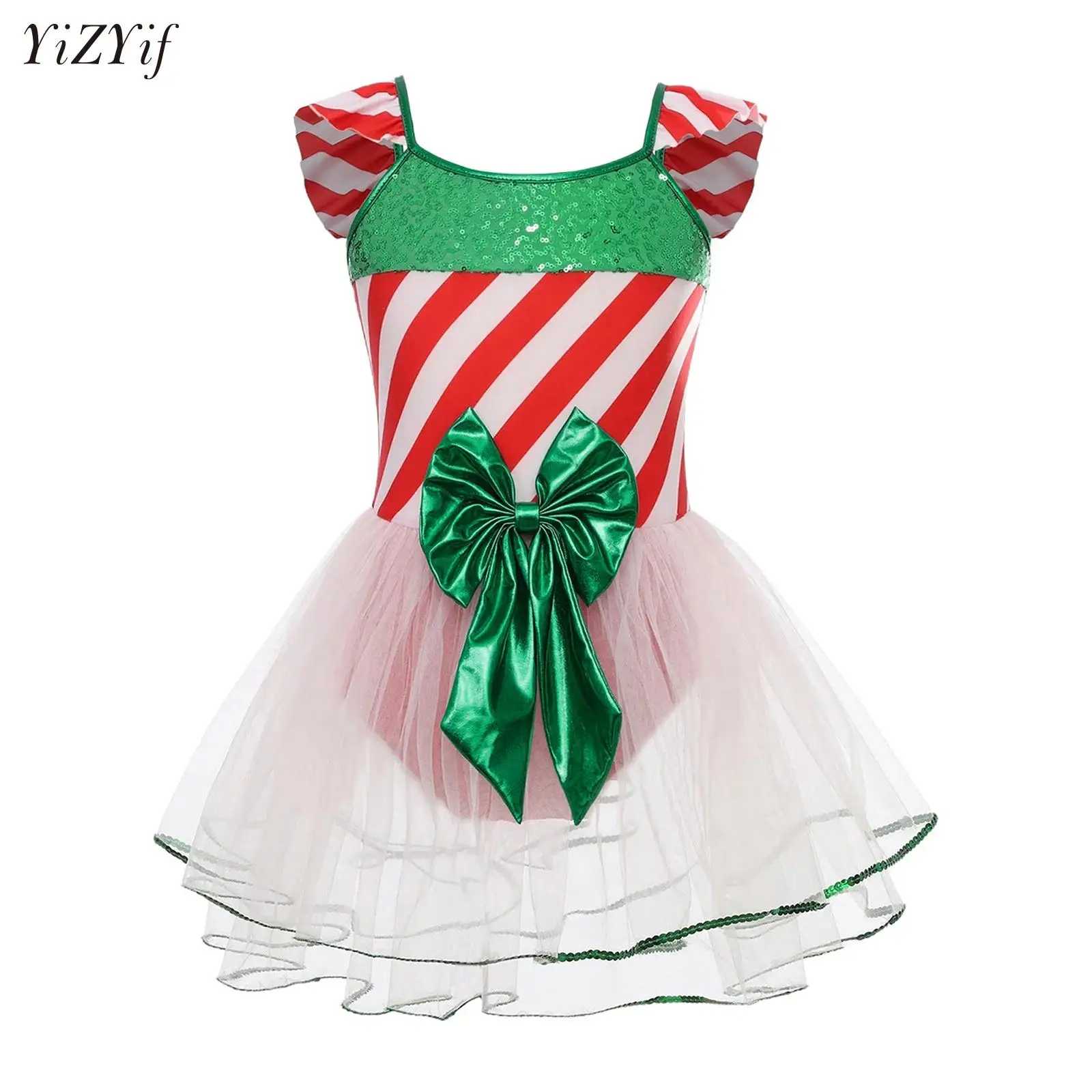 

Girls Sequin Stripe Bow Ballet Dress Dancewear Sleeveless Mesh Skirted Leotard Christmas Roller Figure Ice Skating Stage Clothes
