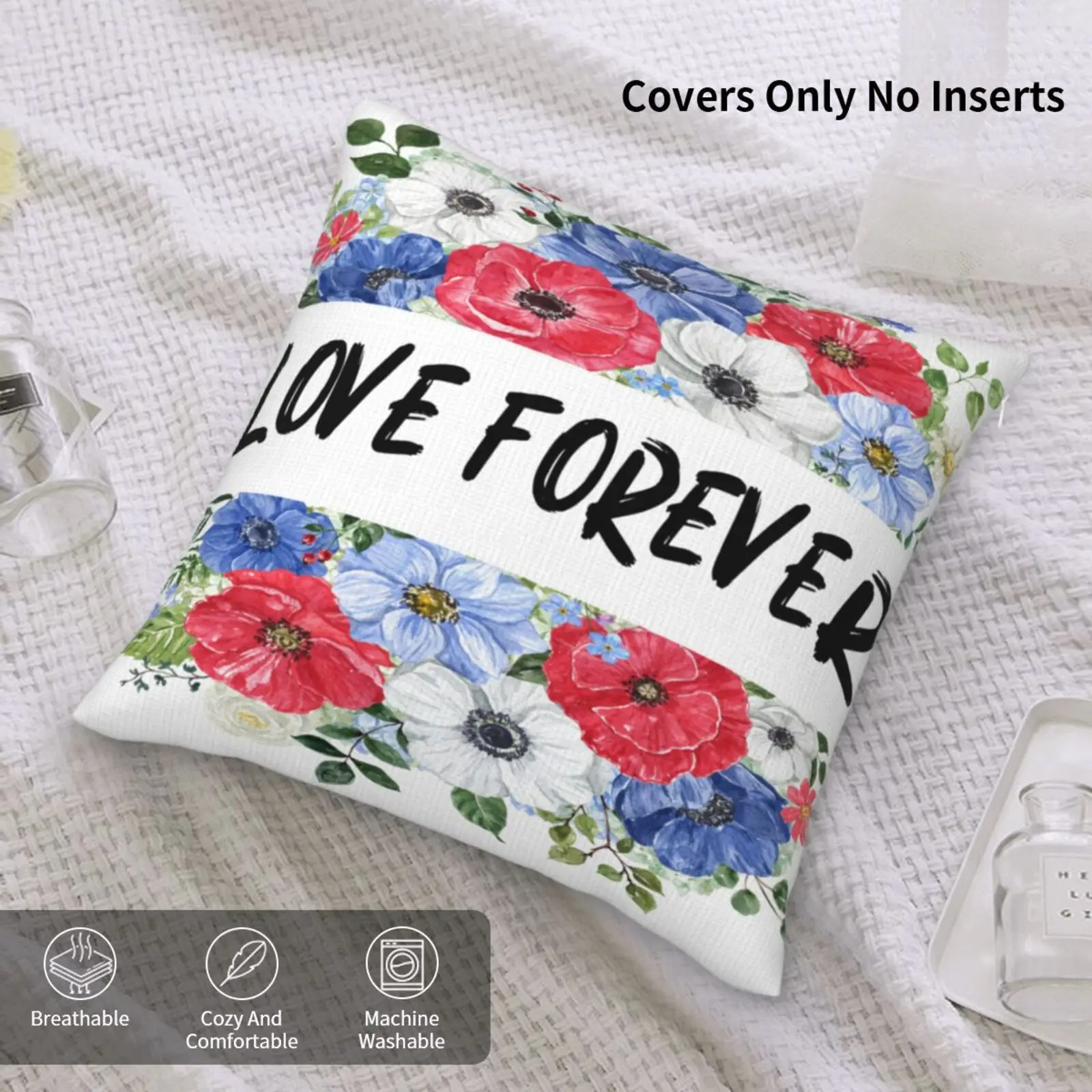 Custom Text Logo Floral Velvet Pillow Cover, Watercolor Flower Decorative Cushion Case, Soft Plush Throw Pillowcase for Sofa Bed
