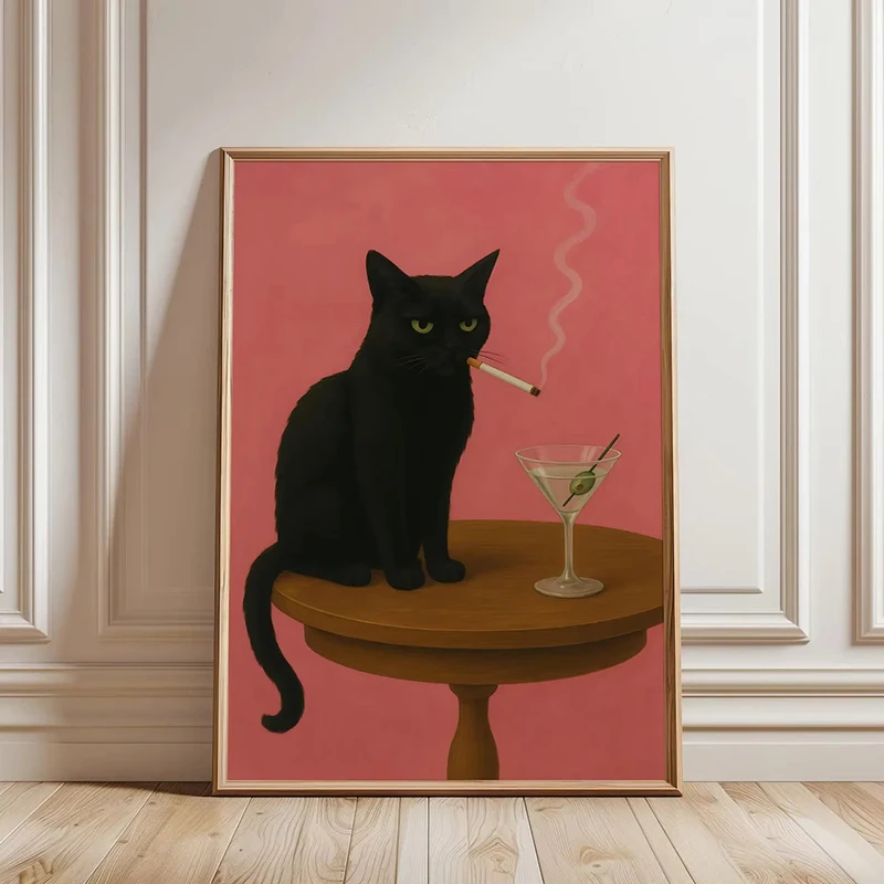 Schwarze Katze raucht eine Zigarette, Poster und Drucke, Retro, skurrile, lustige Tier-Leinwand-Wandgemälde, Bar, ausgefallenes Dekor, Bild – Detail 5