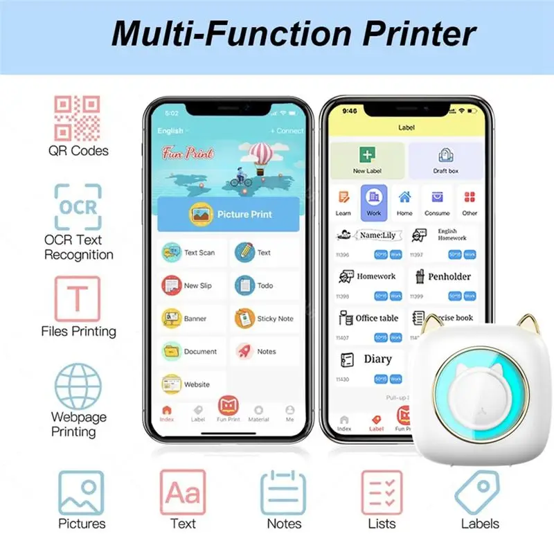 【Lucky】 Mini impresora térmica de etiquetas de bolsillo, impresora fotográfica portátil inteligente, impresora de preguntas incorrectas con papel autoadhesivo