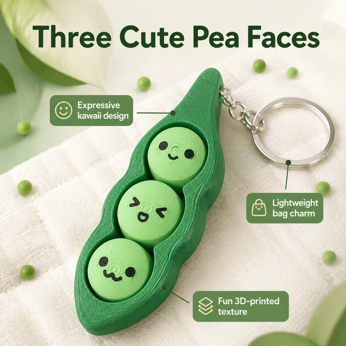 1 ud. Llavero con diseño de vaina de judía, diseño de cuentas de judía sonriente Kawaii, textura verde fresca de PLA, ligero y portátil, accesorio diario para llaves