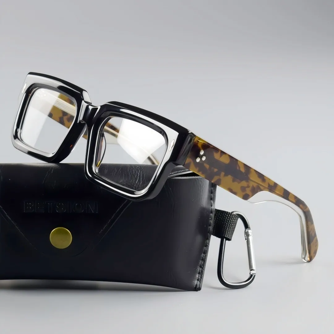 BETSION Square Retro Reading Glasses Thick Acetate Eyeglass Frame Wide Rim Men Women