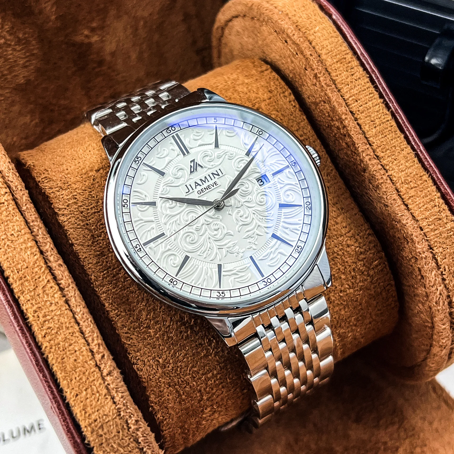 Stainless Steel Vintage Carved Date Luminous Waterproof Solid Steel Band Self-Wind Automatic Mechanical Watch for Men