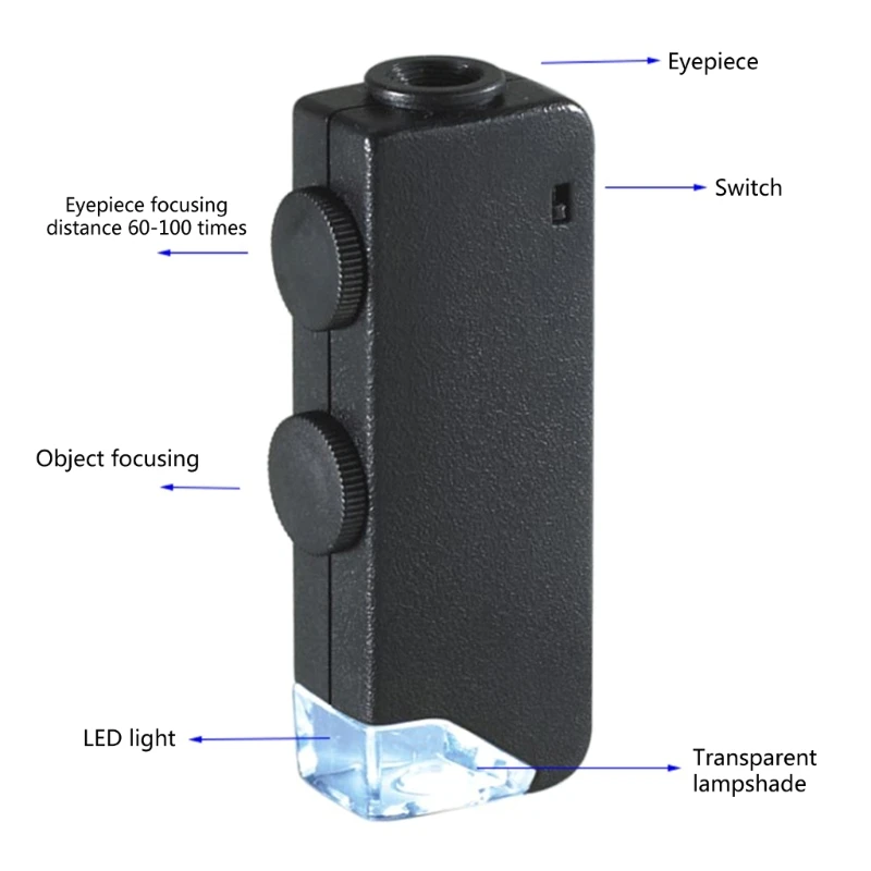 Microscópio Handheld 60x100x Mini Bolso Portátil Microscópio Led Lâmpada Lupa Lupa Lupa Jóias Luz