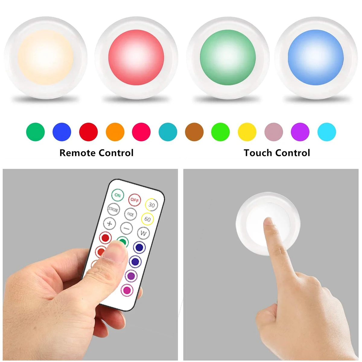 LED Under Cabinet Lights with Remote Control Wireless RGB Color Changing Night Light for Kitchen Bedroom Closet Lighting