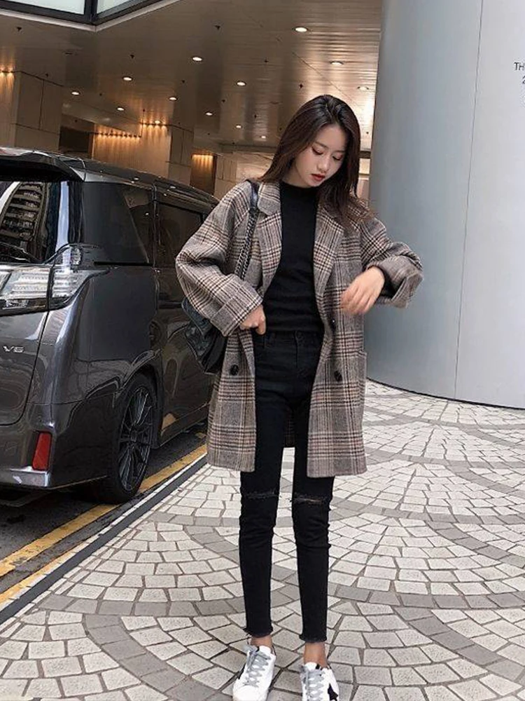 Loose Plaid Woolen Coat for Women Fashion Lapel Slim Women\'s Jackets 2020 Korean Women\'s Autumn Coat Woman clothing