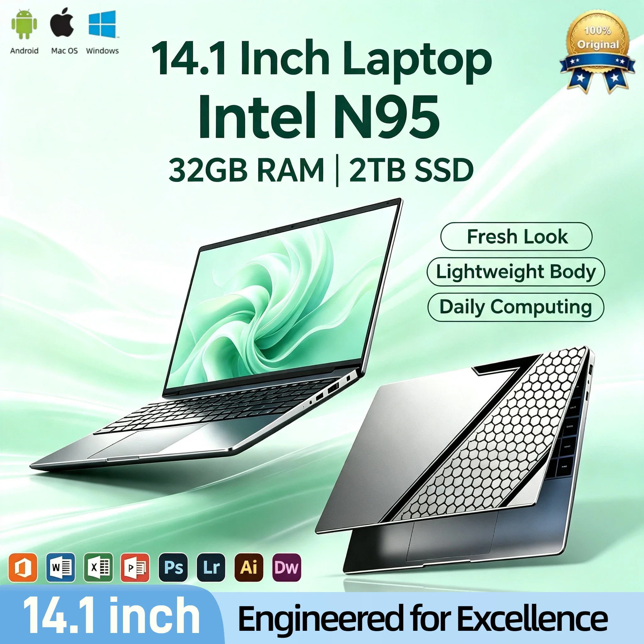 2026 Intel Core N95 14.1 Inch Laptop 4C 4T 3.4GHz 16GB RAM 2TB SSD Ultra Slim 1920x1080 Office Gaming Pro Max Unit Xtreme