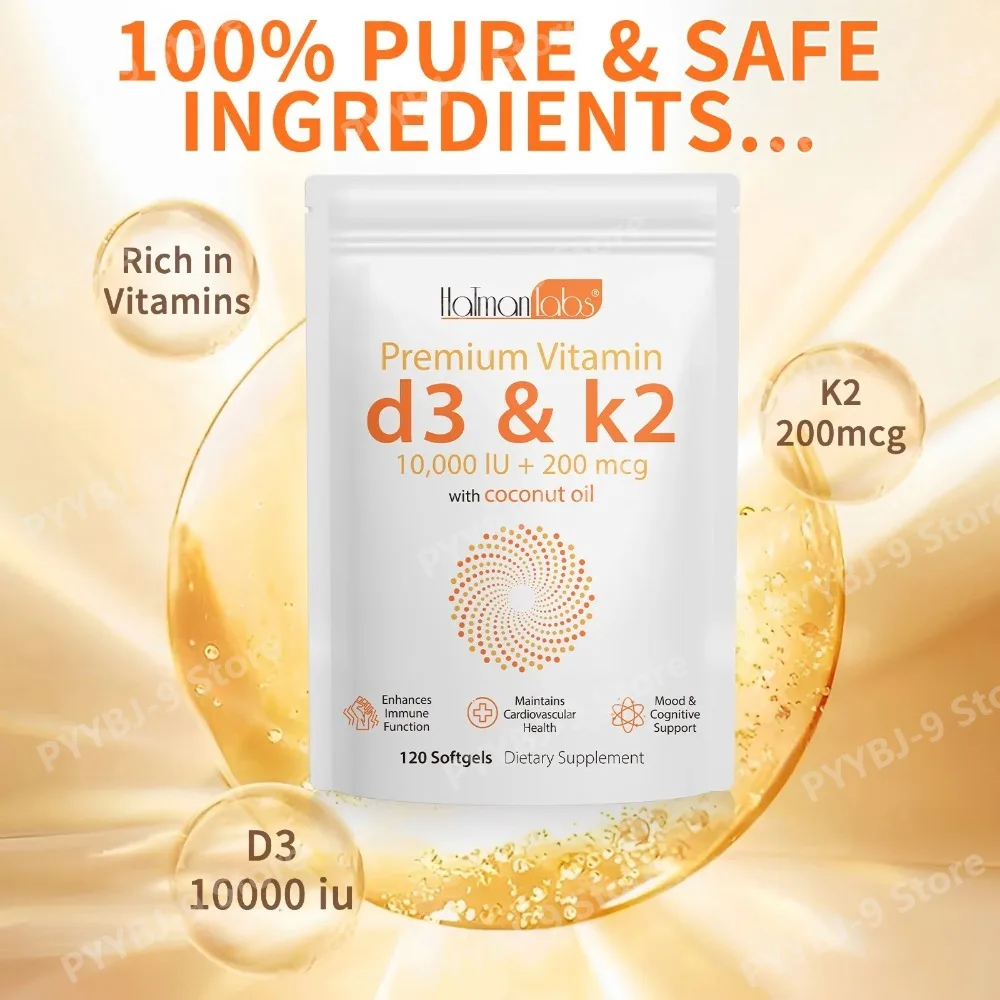 Hatmanlabs 10000 IU High Purity Vitamin D3 K2 Softgels Supplements Halal Vitamin D3 K2 Soft Capsules for Mood Cognitive Support