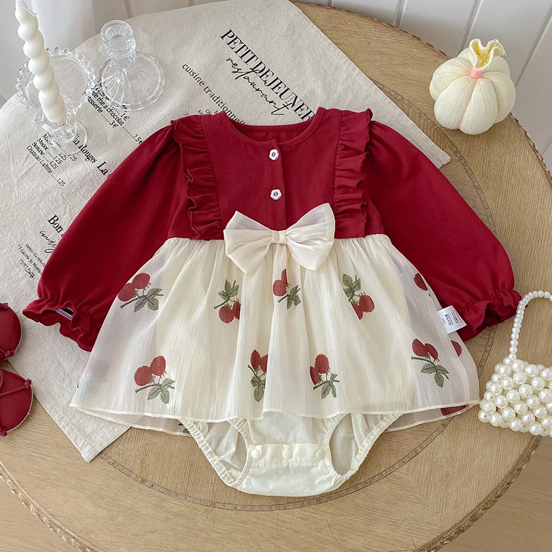 

2025 New Autumn 0-24M Children Clothes Newborn Baby Girls Bodysuits Long Sleeved Cotton Mesh Splicing Infant Baby Girls Jumpsuit