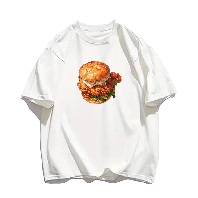 Ladies' 100% Pure Cotton T-shirt With Fun Burger Tower Print Pattern Top Casual And Comfortable Cotton T-shirt Summer Outdoor