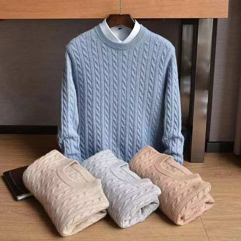 Suéter de mezcla de Cachemira para hombre, suéter de punto suelto con cuello redondo, parte inferior gruesa, patrón retorcido de Color sólido, Otoño