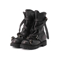 Men's Leather Motorcycle Boots Punk Retro Thick Soled Mid-Calf Knight Boots Black Soft Belt Buckle Strap High-top Moccasin Shoes